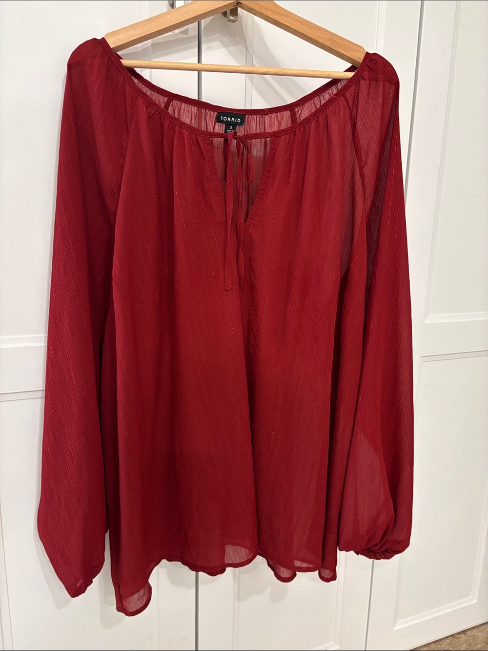torrid Burgundy Sheer Long-Sleeve Tie-Neck Blouse - 3